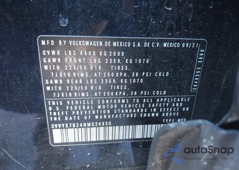 2022 Volkswagen Taos 1.5T Se из США, поврежденный, VIN 3VVYX7B24NM024930